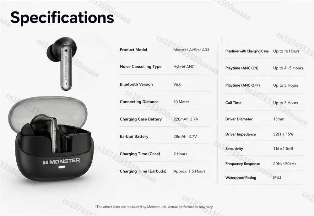 Monster A03 ANC Earbuds Bluetooth 6.0 Active Noise Cancelling Headphones Powerful Deep Bass Sport TWS Wireless Earphone with Mic