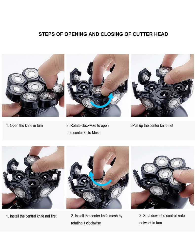 6-In-1 Electric Head Shaver for Bald Men 7 Blades Floating Razor Hair Trimmer USB Recharge LED Display Beard Shavers Waterproof
