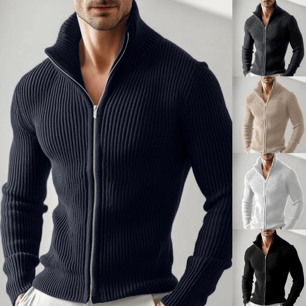 Men Full Zip Stand Collar Cardigan Sweater Knitted Thick Warm Outerwear Jacket for Daily Casual and Outdoor Wear in Cold Weather