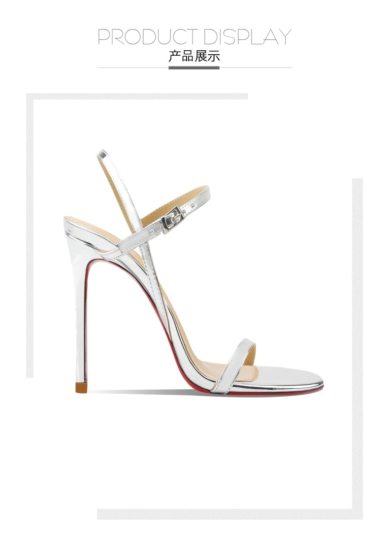New Silver Patent Leather Temperament High-Heeled Sandals for Women with Exposed Toes, Slim Heels, and Comfortable Single Shoes