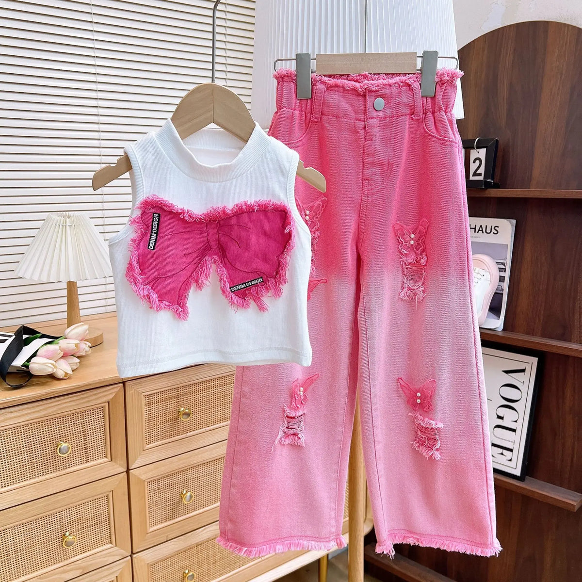 2025 Summer New Girls Clothing Set Bow Sleeveless Vest+Butterfly Decoration Gradient Ripped Jeans 2Pcs For 3-8Y Fashion Outfit