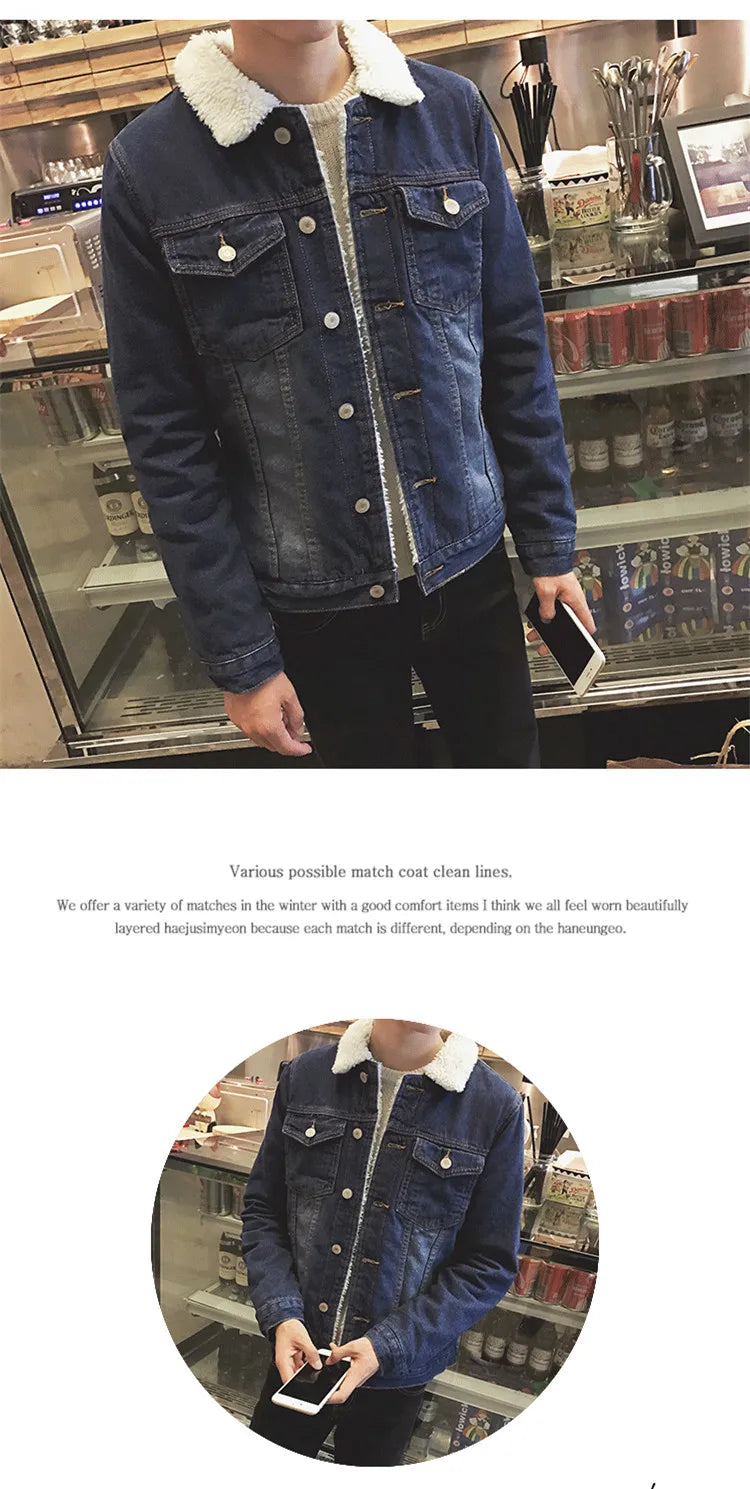 Thickened Fleece Winter Jacket for Men Youth Casual Style Long Sleeve Denim Coat with Stand Collar Button Closure Slim Fit