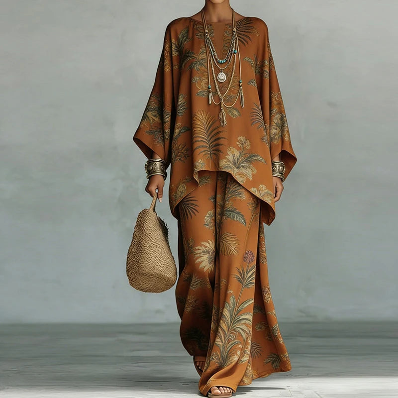 Holiday Wide Leg Pants Loose Two Pieces Sets, Women Summer Print Patchwork Simple Outfit, 2026 O Neck Pullover Top Ladies Suits