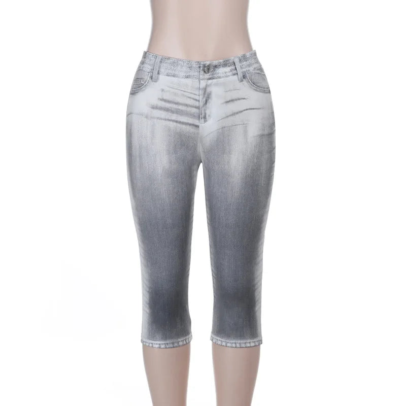 European and American Digital Printed Imitation Denim Six-point Pants 2026 Summer Vacation Beach Casual Pants