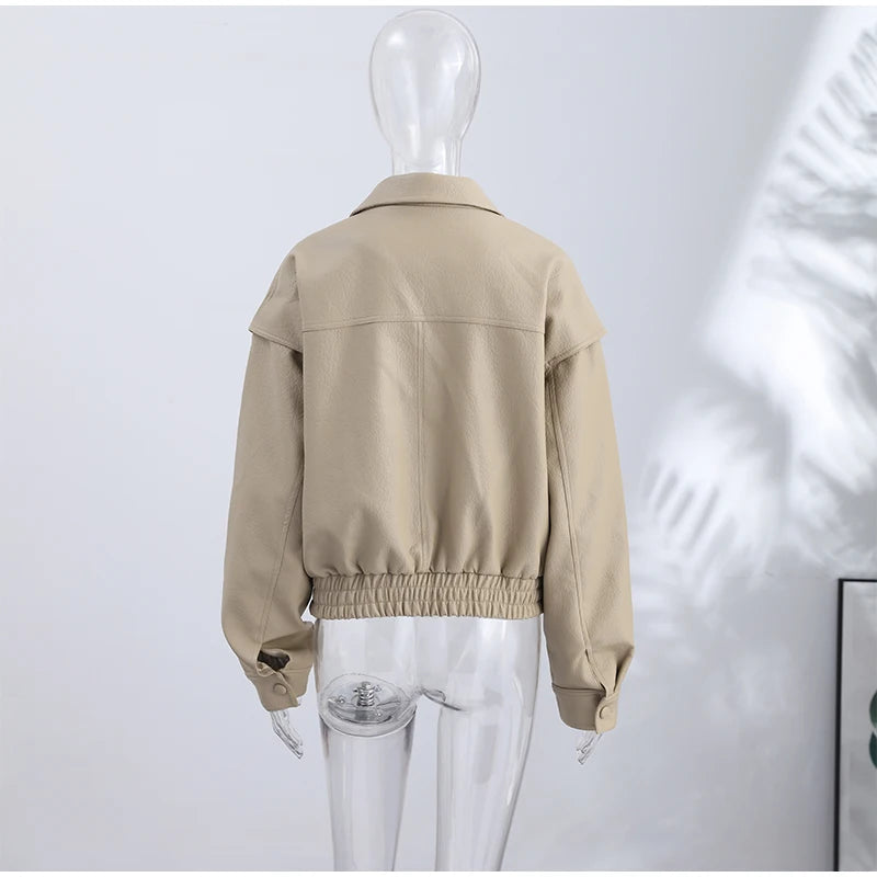 High Street Leather Jackets Women's Casual Double-breasted Turn Down Collar Loose Coats Elastic Waist 2026 Autumn New Outwear