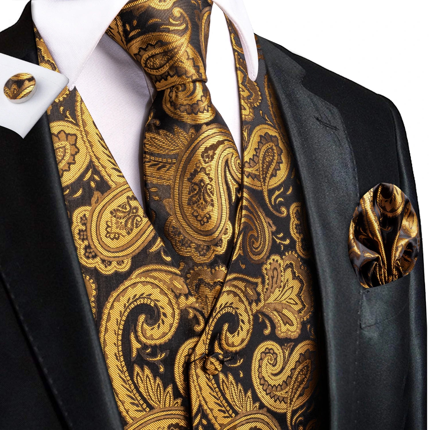 Hi-Tie Silk Mens Waistcoat Tie Set Gold Brown Orange Beige Ivory Khaki Bronze Sleeveless Jacket Suit Vest Necktie Hanky Cufflink