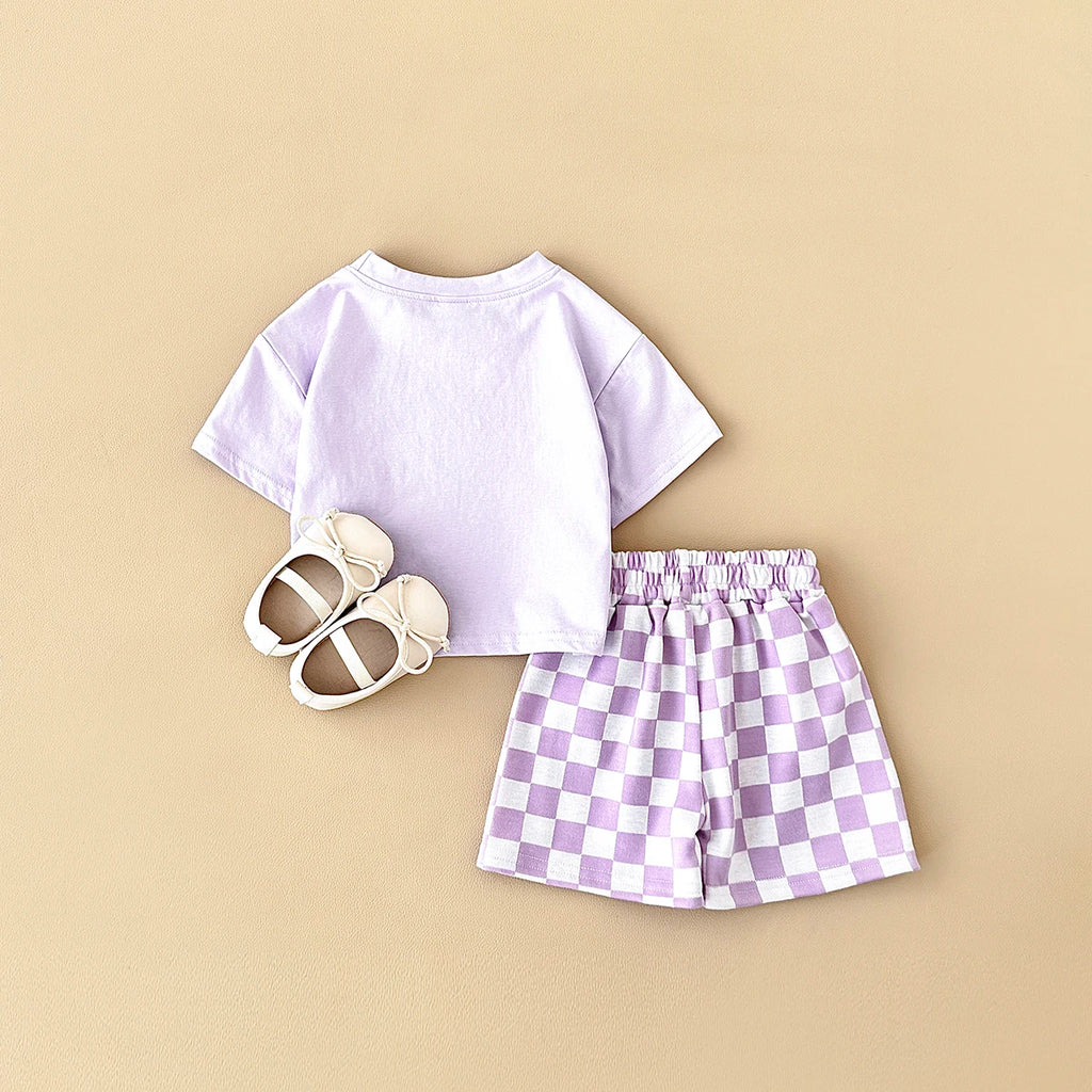 2PCS Kids Clothes Baby Boys Girls Solid Color Short Sleeve T-shirt Plaid Pattern Shorts Sets Baby Clothing Sets 0-3Y