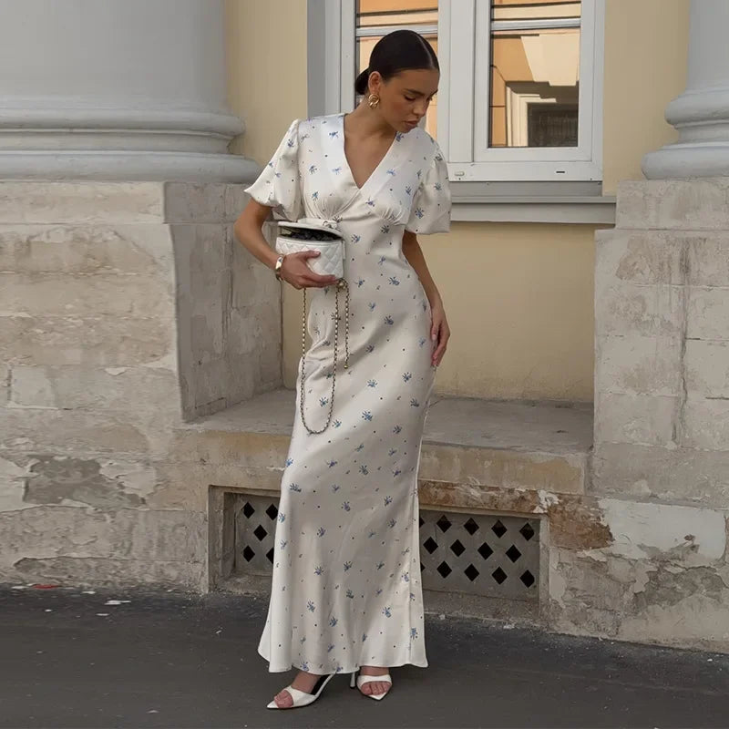 Elegant Print Women Long Dress Fashion V-neck Pleated Flutter Short Sleeve Empire Female Dresses 2026 Summer Chic Female Robe