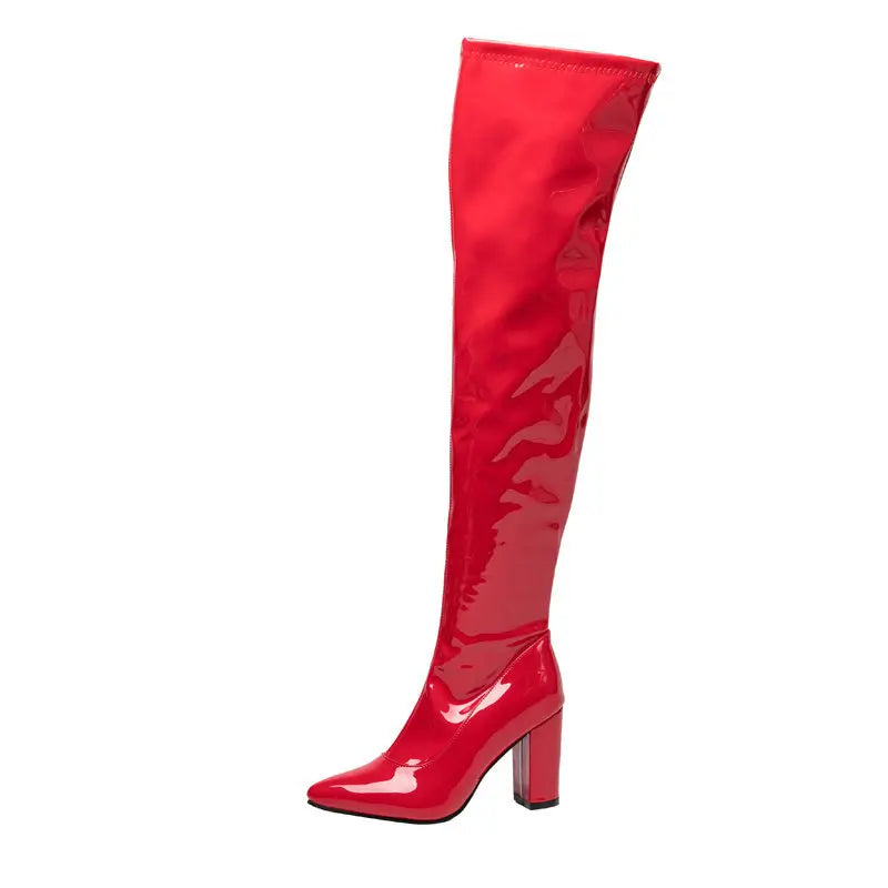 New Red Thigh High Women Boots Side Zip Pointed Toe Winter Shoes Elastic Patent Leather Over-the-Knee Boots Plus Size 44 45 46