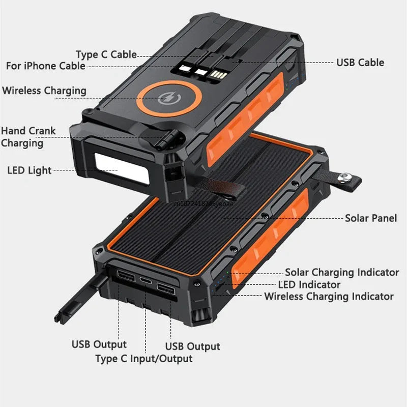 Portable Hand Crank Solar Power Bank With LED Light 20000mAh Large Capacity Fast Charging Powerbank Externala Battery Charger