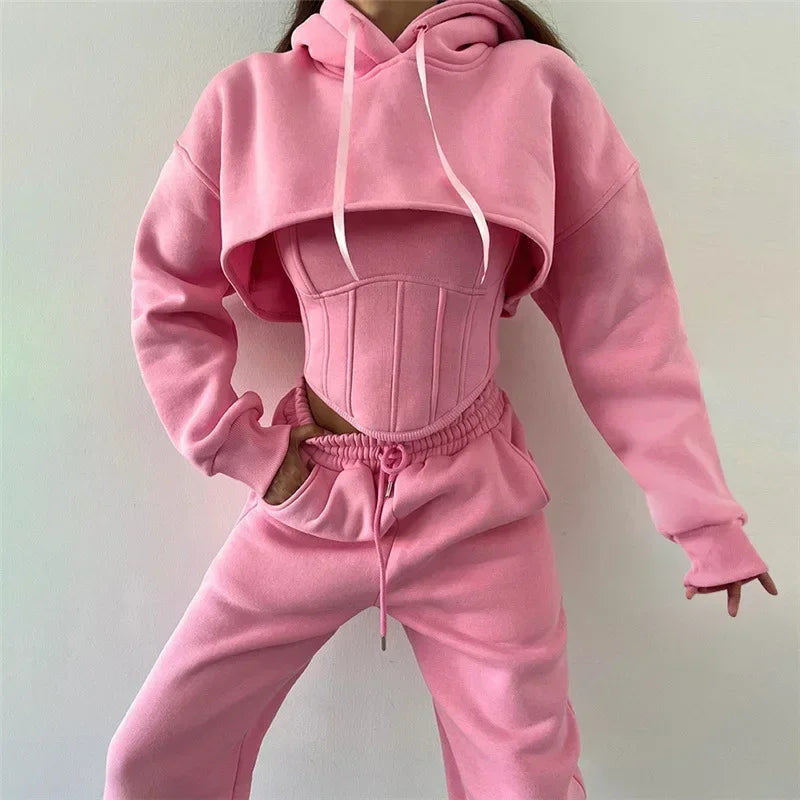 New Lace Up Pants Sets Women Slim Solid Splice Tank Tops Woman Long Sleeve Short Hoodies And Pant Suits Women Outfits Winter