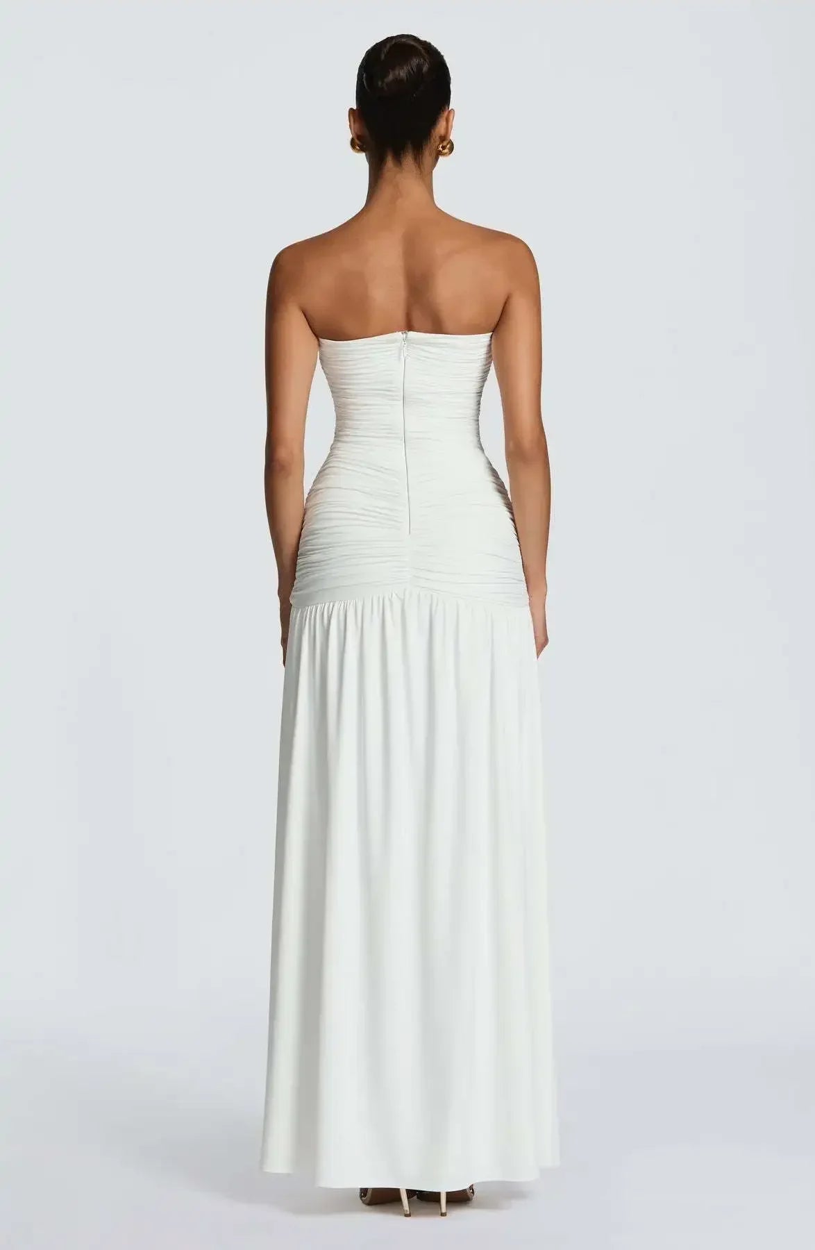 Women Elegant Deep V-neck Pleated Strapless Dress Chic Off-shoulder Backless Split Maxi Dresses 2026 Lady Evening Party Vestidos