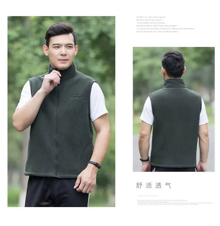 Men's Embroidery Vest Waistcoat Standing Collar Double-sided Fleece Warm Sleeveless Pocket Vest Outdoor Windproof Mens Jacket