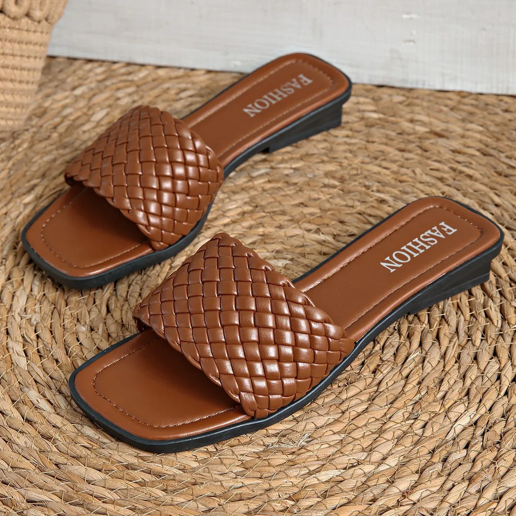 Women's Sandals Summer Luxury Fashion Flat Bottom Slippers Casual Simple Solid Colour One Word Woven Strap Sandy Beach Sandals