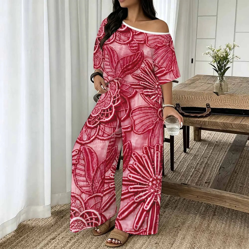 Plus Size Women Spring/summer Fashion Print Two Piece Off-shoulder  Round Neck T-shirt Casual Vacation Long Pants