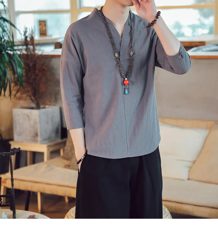 Summer Kimono Japanese Style Short Sleeve Men New Half-sleeved Cotton Linen Breathable Men Clothing T-shirt Japanese Yukata Tops
