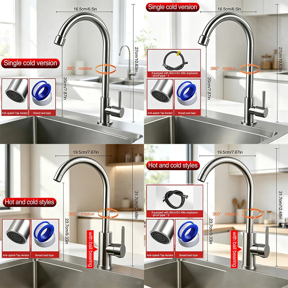 Stainless Steel Kitchen Faucet 360° Rotation Single Cold/Hot Cold Mixer Tap for Sink