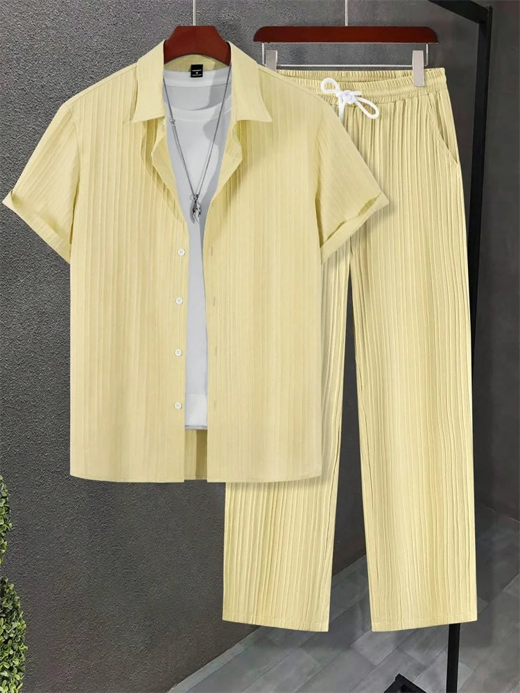 2025 Autumn Simple Solid-color Shirt 2 Pieces Long Pants Set, Urban Street Fashion Simple Men's Shirt And Long Pants Set