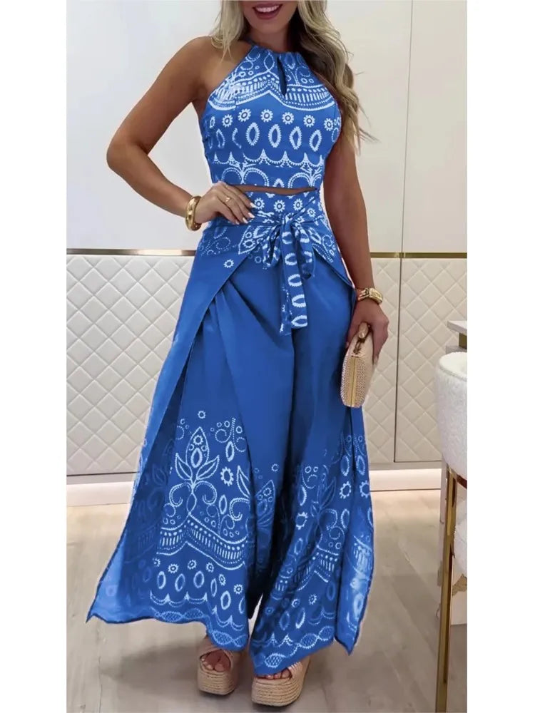 Summer New Fashion Printed Casual Loose Suit Literary Retro Sleeveless Halter Top Wide-leg Pants Commuting Two-piece Sets