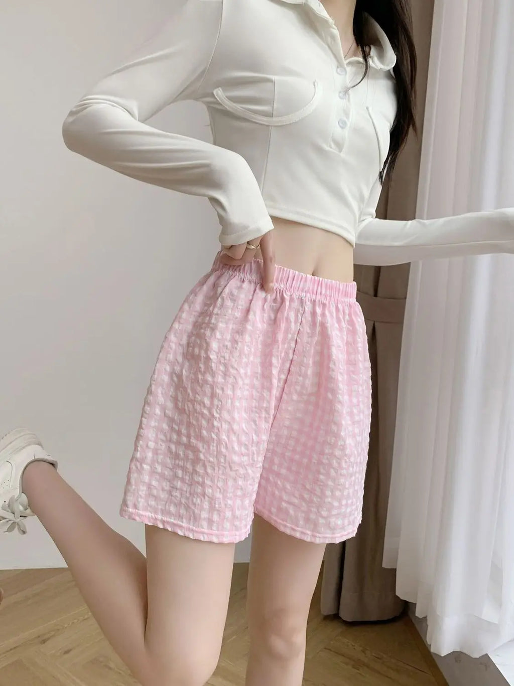 Summer Home Shorts Women's High Waisted Slimming Wide Leg Pants Sports Casual Pants Loose Plaid Pajama Pants