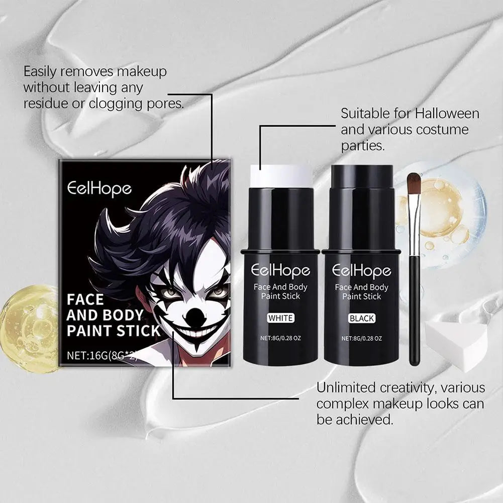 Black White Face Body Paint Kit Cover Foundation Clown Colorful Long Lasting Waterproof Halloween Festive Makeup Accessories Set