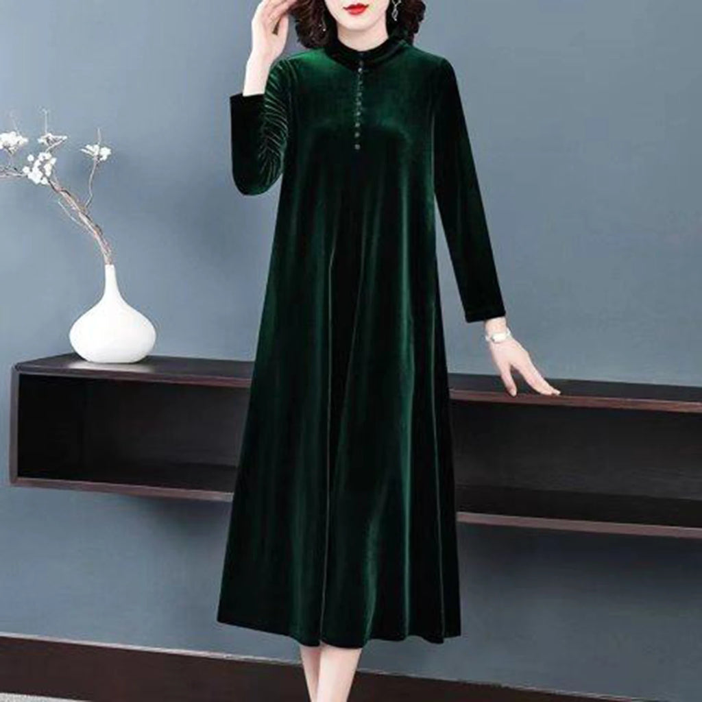 Women Fall Dress Solid Color Loose Long Sleeves Button Maxi Dress Keep Warm Velvet Mom Spring Dress Women Clothes