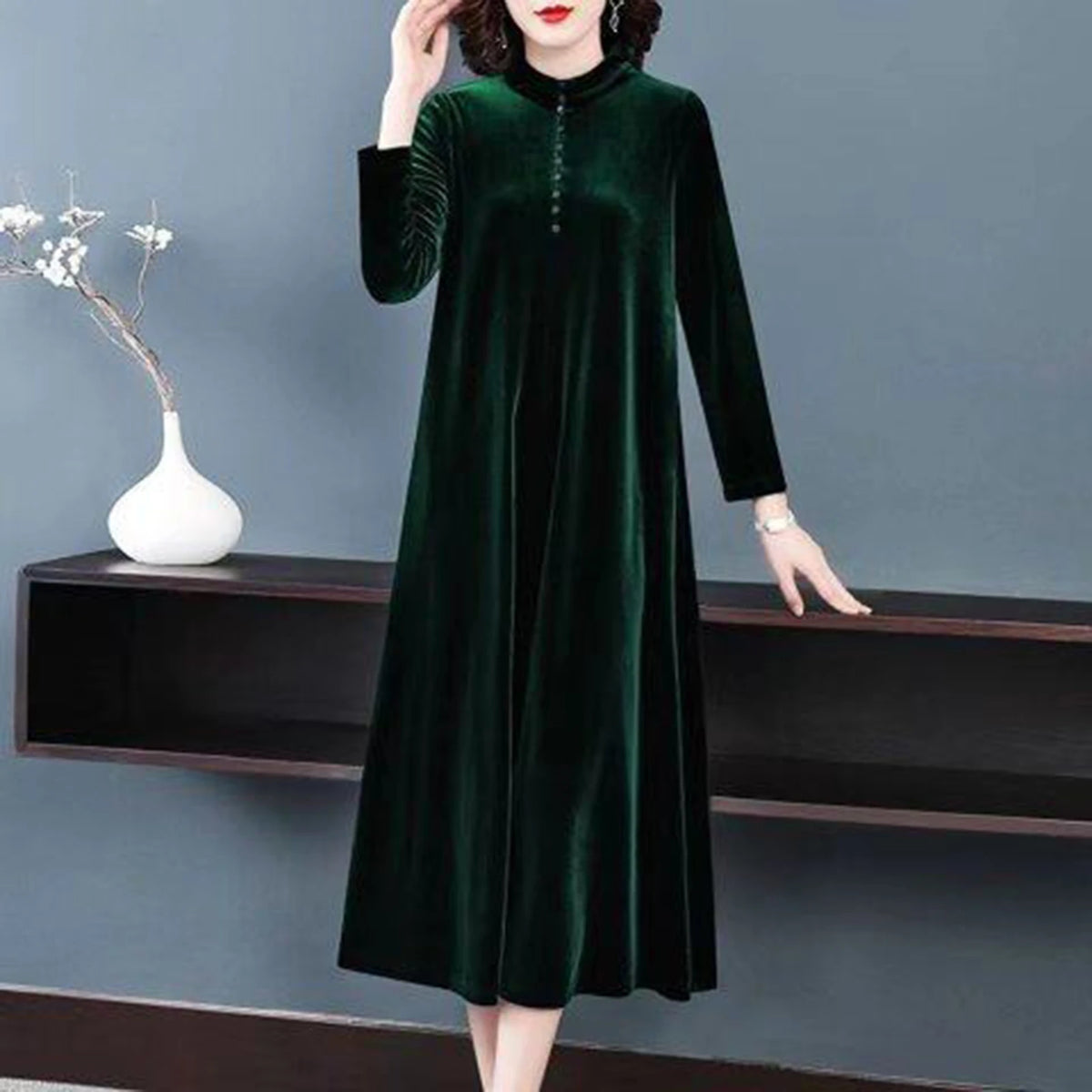 Women Fall Dress Solid Color Loose Long Sleeves Button Maxi Dress Keep Warm Velvet Mom Spring Dress Women Clothes