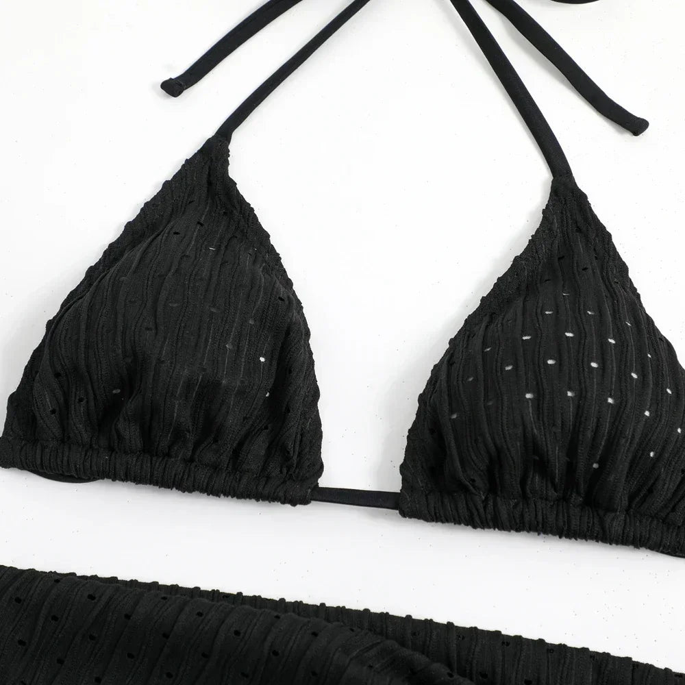 Trendy Women's 3 Piece Halter Bikini Set Sexy Thong Swimsuit Summer Bathing Suit Cover Up Thong Swimwear Biquini Brasileiro