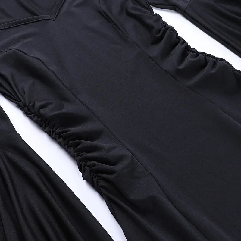 Halloween Costume Women Batwing Sleeve Floor Dress Black Gothic Evil Terror Maxi Mistress Morticia Addam Family Outfit For Adult