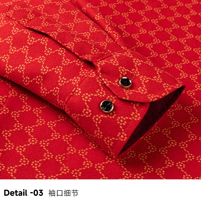 Men's long-sleeved shirt in Chinese red with fleece and thickened texture, warm and casual, comfortable and versatile for winter
