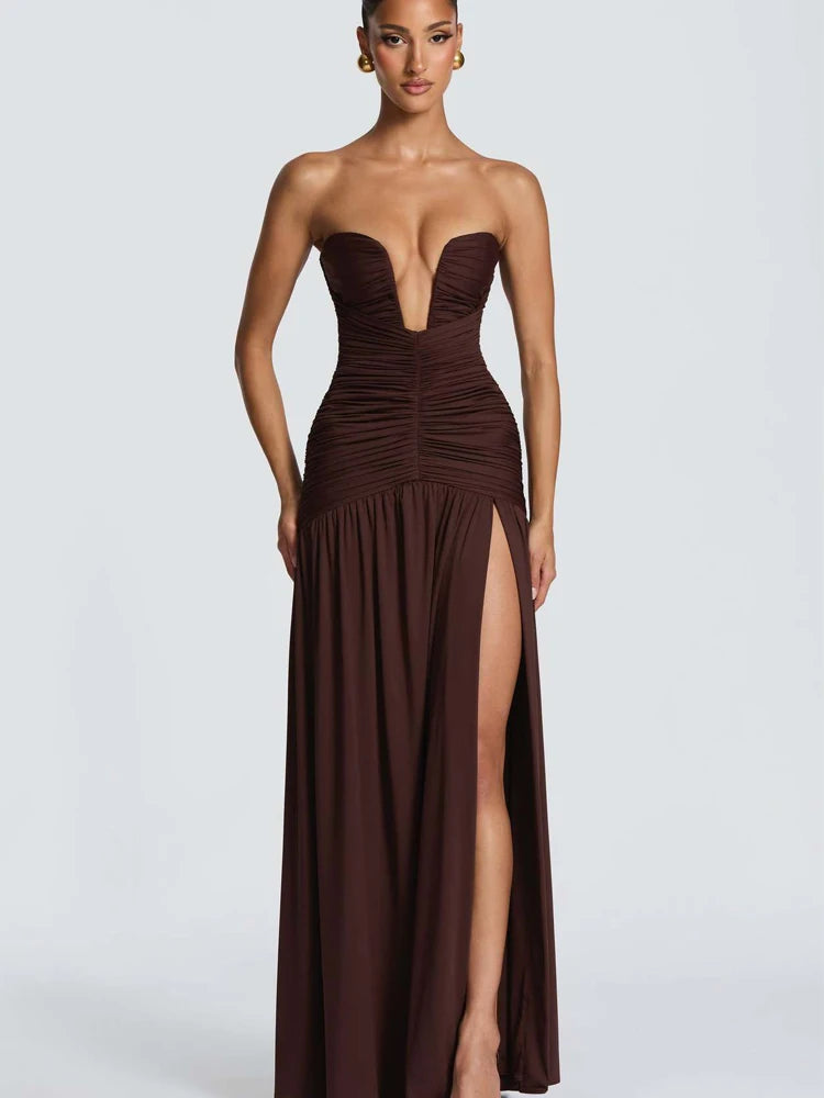 Women Elegant Deep V-neck Pleated Strapless Dress Chic Off-shoulder Backless Split Maxi Dresses 2026 Lady Evening Party Vestidos