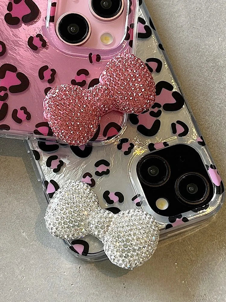Colorful Leopard Blink Diamond Bowknot Lustre Lining Phone Case for iPhone 16 15 14 Plus 13 Mini 12 Pro Max 11 7 8 SE X XS XR