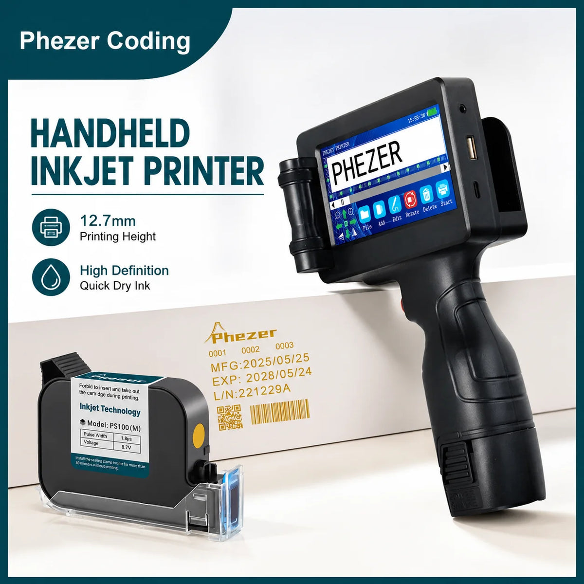 Phezer P17 Handheld Inkjet Printer 12.7mm Portable Date Coder 28 Languages Print Expiry Batch QR Barcode Logo in Yellow Ink