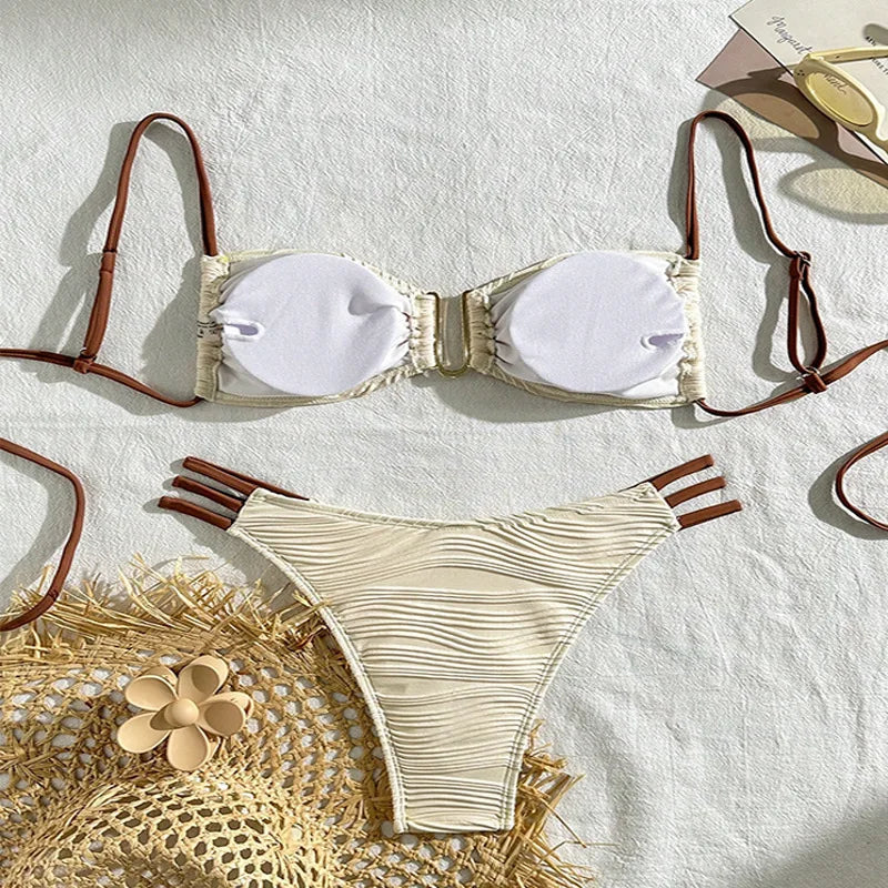 Vzvn Sexy Solid Beach Vacation Bikinis Set Women Split Swimsuit Bikini 2026 New All Season Backless Bandage Bikinis 2 Piece Set