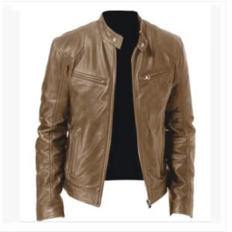 2023 Fashion Mens Leather Jacket Slim Fit Stand Collar PU Jacket Male Anti-wind Motorcycle Lapel Diagonal Zipper Jackets Men