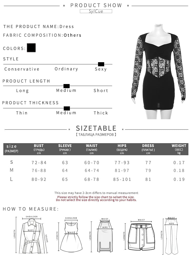 Sylcue Black Mysterious Sexy Lace Stitching Mature Beautiful Sweet Gentle Women'S Winter Long Sleeve Hip Short Dress