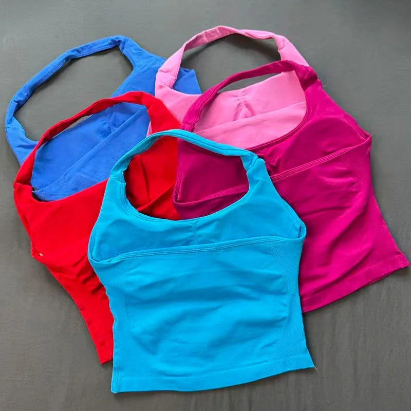 Seamless Halter Workout Tank Top for Women Backless Longline Yoga Top Gym Fitness Activewear Body Shaping Sportswear