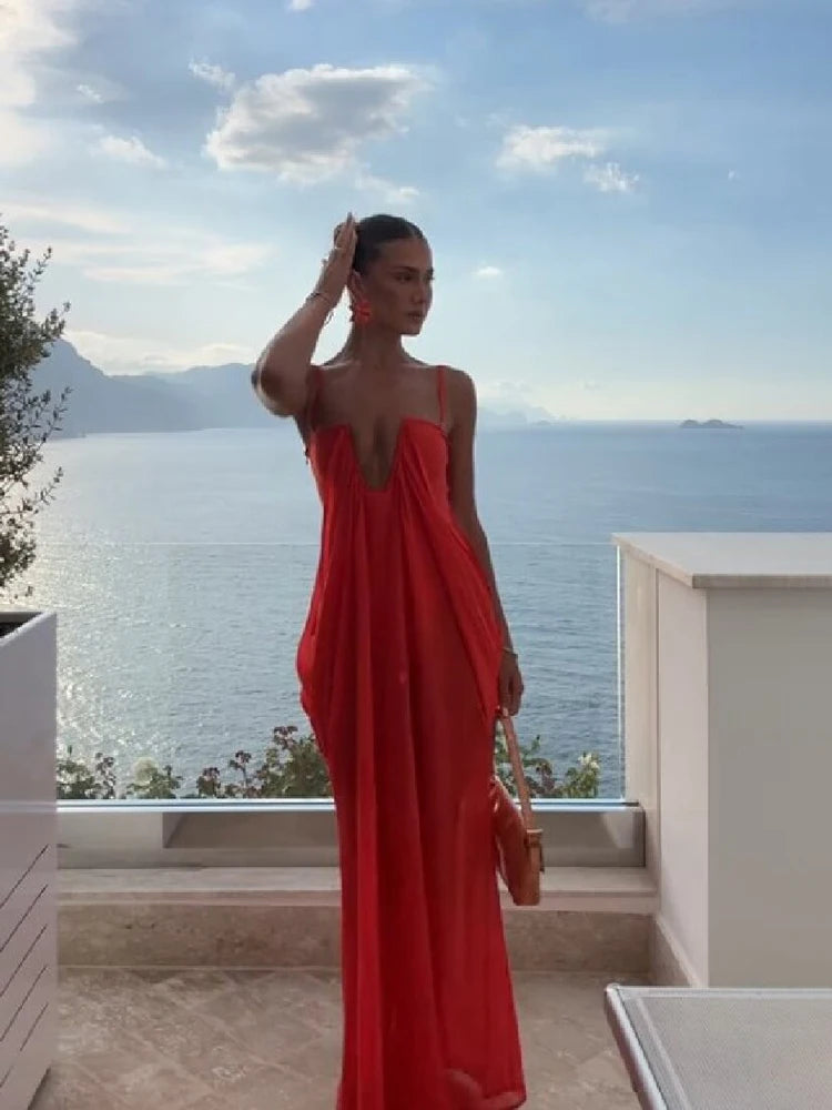 Vibrant Holiday Flowy Maxi Dress Deep U Chic Bohemian Chiffon Loose Fit Women Dresses Beach Vacation Summer Party Outfit
