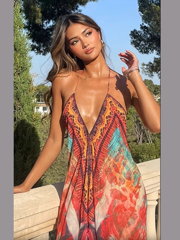 Bohemian Printed Halter Maxi Dress Women Sexy Backless Deep V-neck Sleeveless Off Shoulder Vestido Vacation Date Party Beachwear