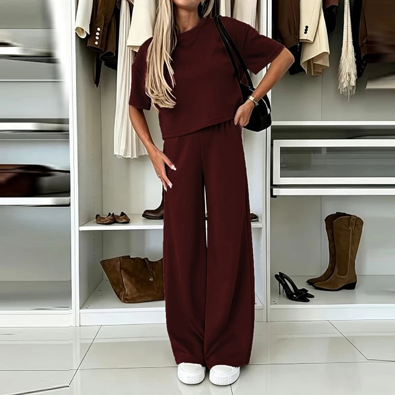 Women Casual Loose Sporty Two Piece Fashion Daily Commute Outfit 2026 Summer Simple O Neck Short Sleeve Top and Long Pants Suit
