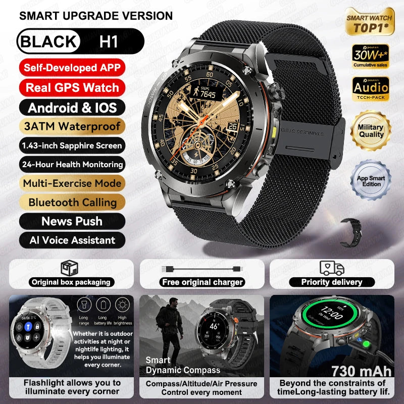 2026 New GPS Smart Watches 10 ATM Waterproof Built-in Dual-band GNSS Compass Military Sport Men SWIM Smartwatch For Android IOS