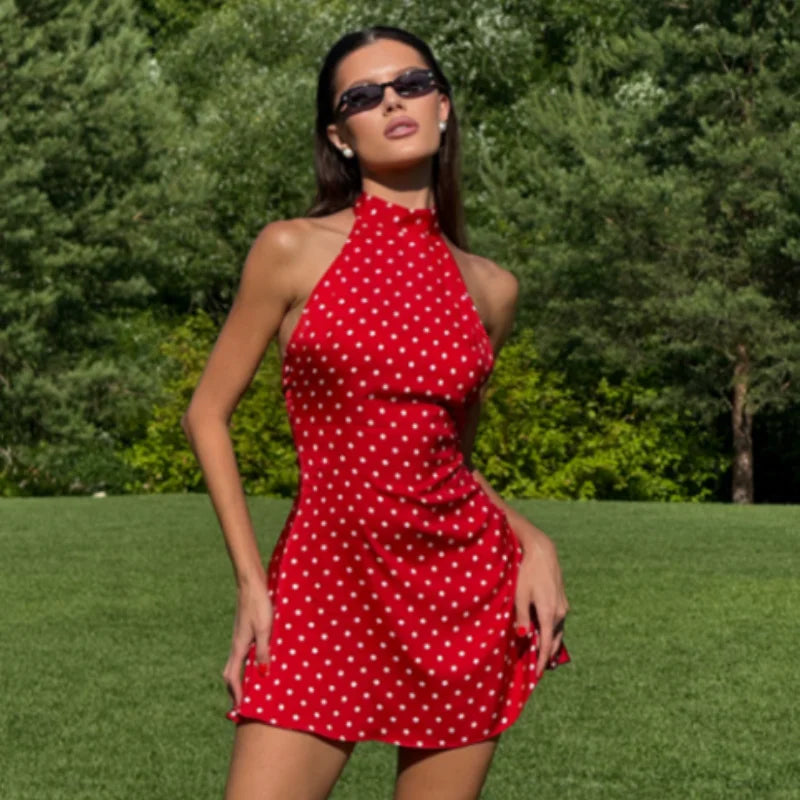 Polka Dots Print Halter Lace-up Dress Women's Sexy Backless Sleeveless Mini Dresses 2026 Spring New Female Fashion Street Robes