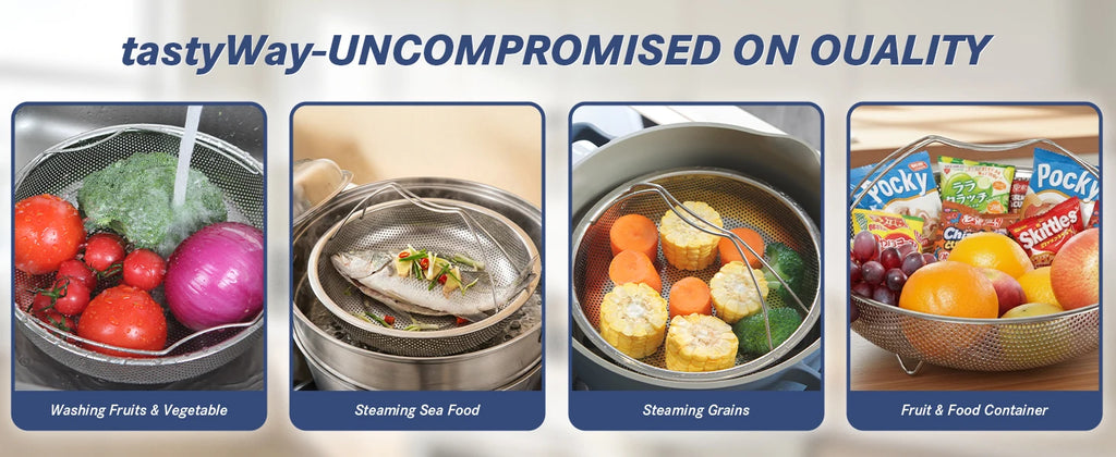 TastyWay Multi-function Stainless Steel Steaming Tray Drain Basket Durable Fruit Vegetable Drainage Basket Cooking Steaming