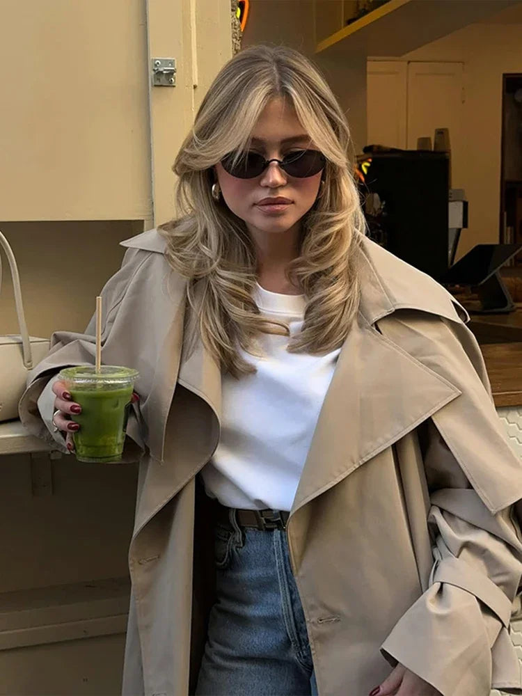 Khaki Lace Up Cape Trench Coat Loose Solid Full Sleeve Lapel Windbreaker 2026 Autumn New Fashion Commute Casual Daily Coats