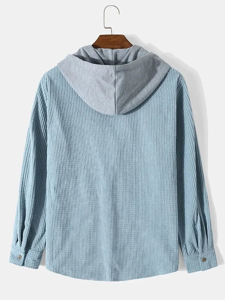 Spring Autumn Patchwork Thick Hooded Shirt Men Waffle Long sleeved Hoodie Fashion Casual Loose Sweatshirt Tops Oversized Shirts