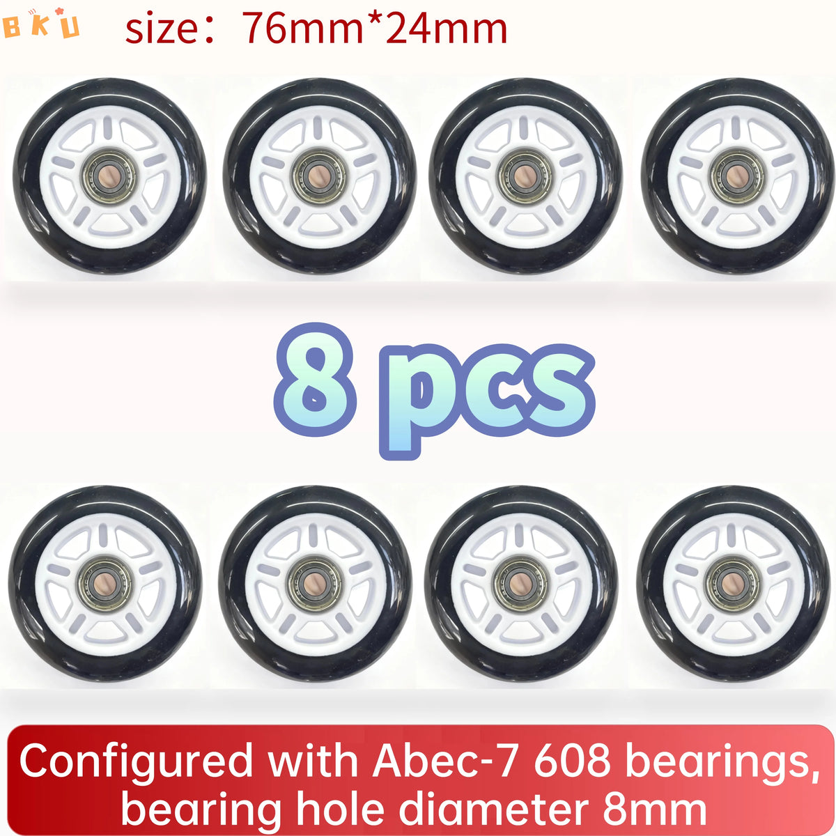 8-Piece PU Replacement Wheels 76mm(3") with ABEC-7 Bearings, PP+PU Material Fit Inline Skates/Kids Scooters/Strollers/Luggage