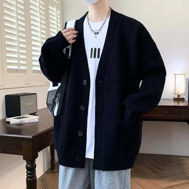 Autumn Men's Casual Textured Pockets Cardigan Y2K Vintage Streetwear V-neck Knitted Sweaters Korean Fashion Cardigans Hombre