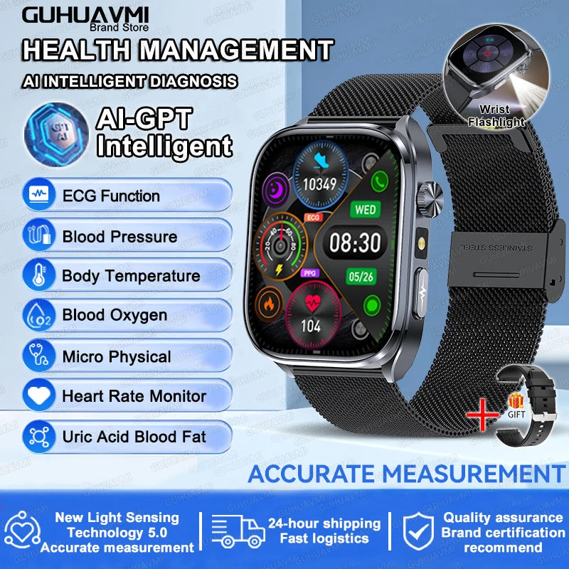 2026 New AI-Diagnosis Care Smartwatch Accurate ECG Uric Acid Lipids Blood Pressure Body Fat IP68 Waterproof Fitness Smartwatch