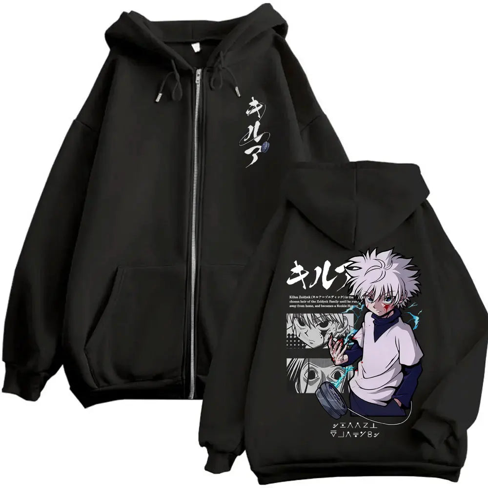 Anime Hunter X Hunter Zipper Hoodie Killua Zoldyck Graphic Hoodies Men Women Vintage Oversized Fleece Cotton Zip Up Jacket Coat