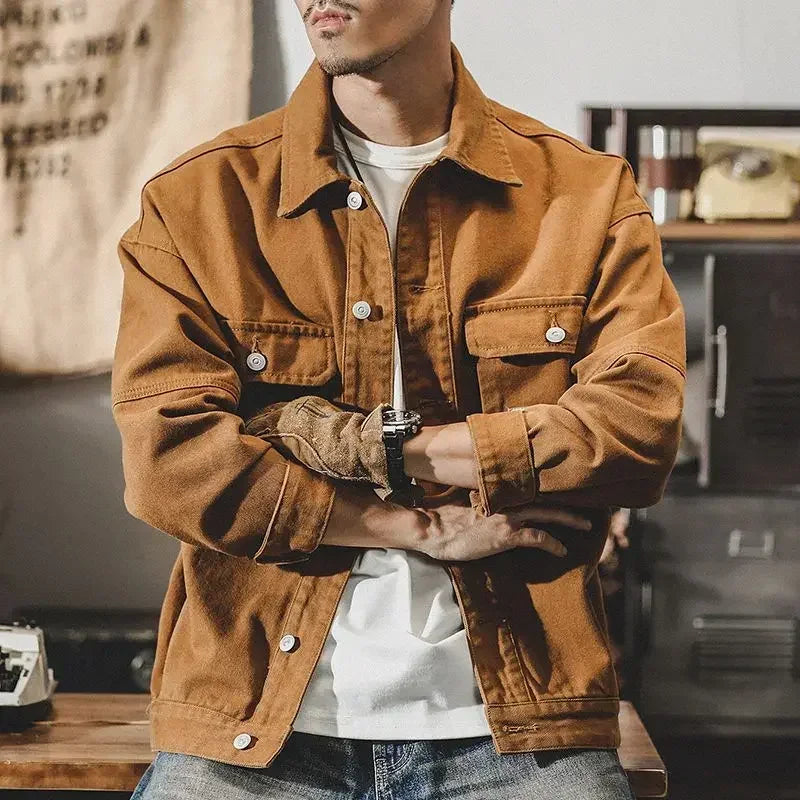 Men's Denim Jacket Vintage Brown Male Jean Coats Cargo Designer Washed Clothing Winter 2025 Korean Style Elatic Original Cowboy